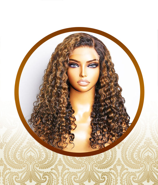 18" Glueless Brown highlighted Double Drawn Deepwave 4x4 Lace Wig
