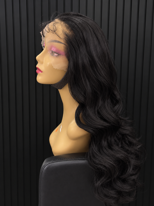 30" Human Hair Blend Long Black Body Wave Lace Frontal Wig