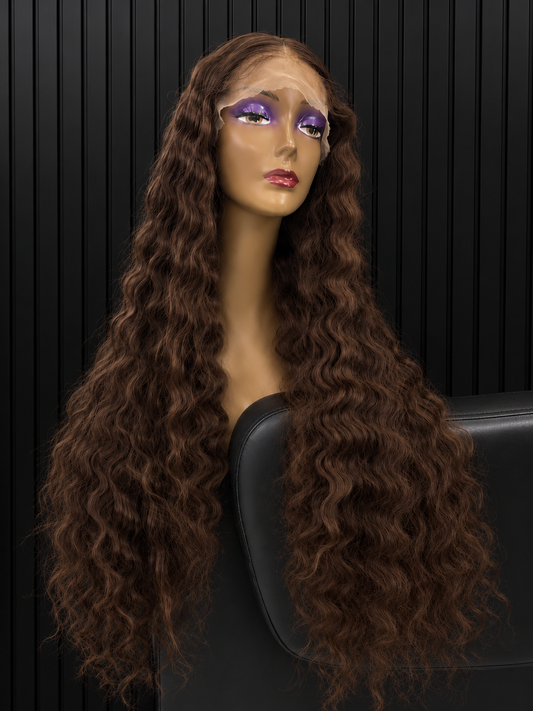 30" HUMAN HAIR BLEND CHOCOLATE BROWN DEEP WAVE  LACE FRONTAL WIG