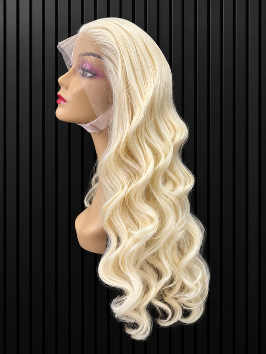 30" Human Hair Blend Platinum Blonde Body Wave Lace Frontal Wig