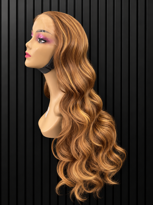 30" HUMAN HAIRBLEND HONEY CARAMEL BODY-WAVE LACE FRONTAL WIG