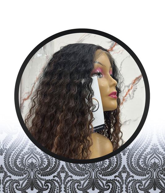 36" Chocolate Brown Water Curl Human HairBlend Glueless Lace Frontal