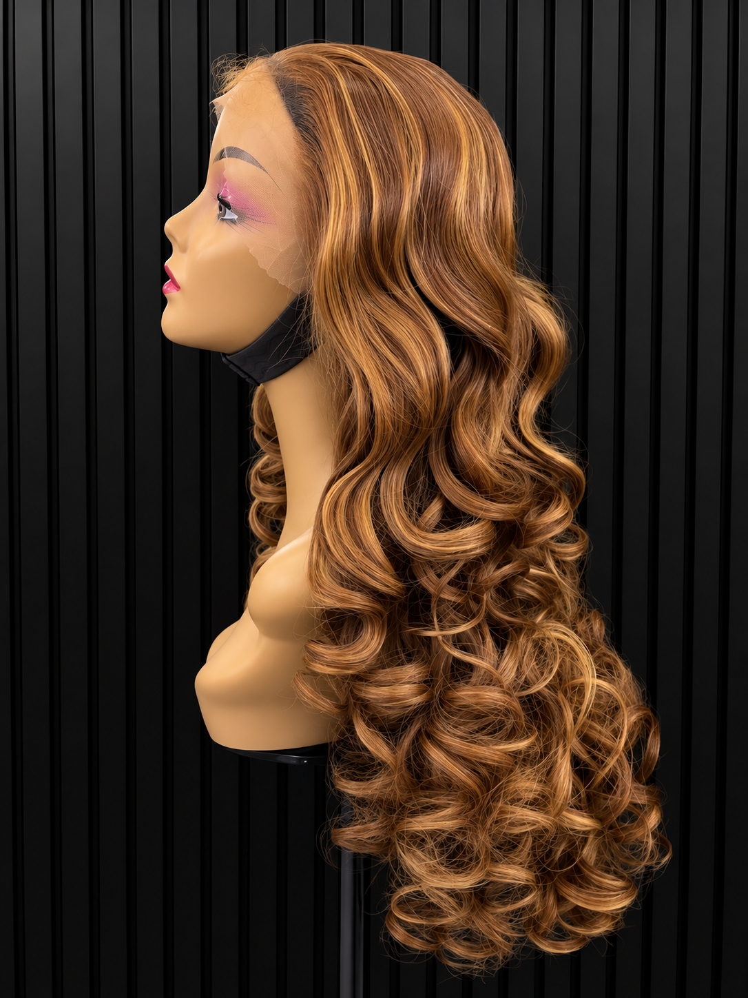 30" HUMAN HAIRBLEND WARM GOLD HIGHLIGHTED BOUNCY LACE FRONTAL WIG