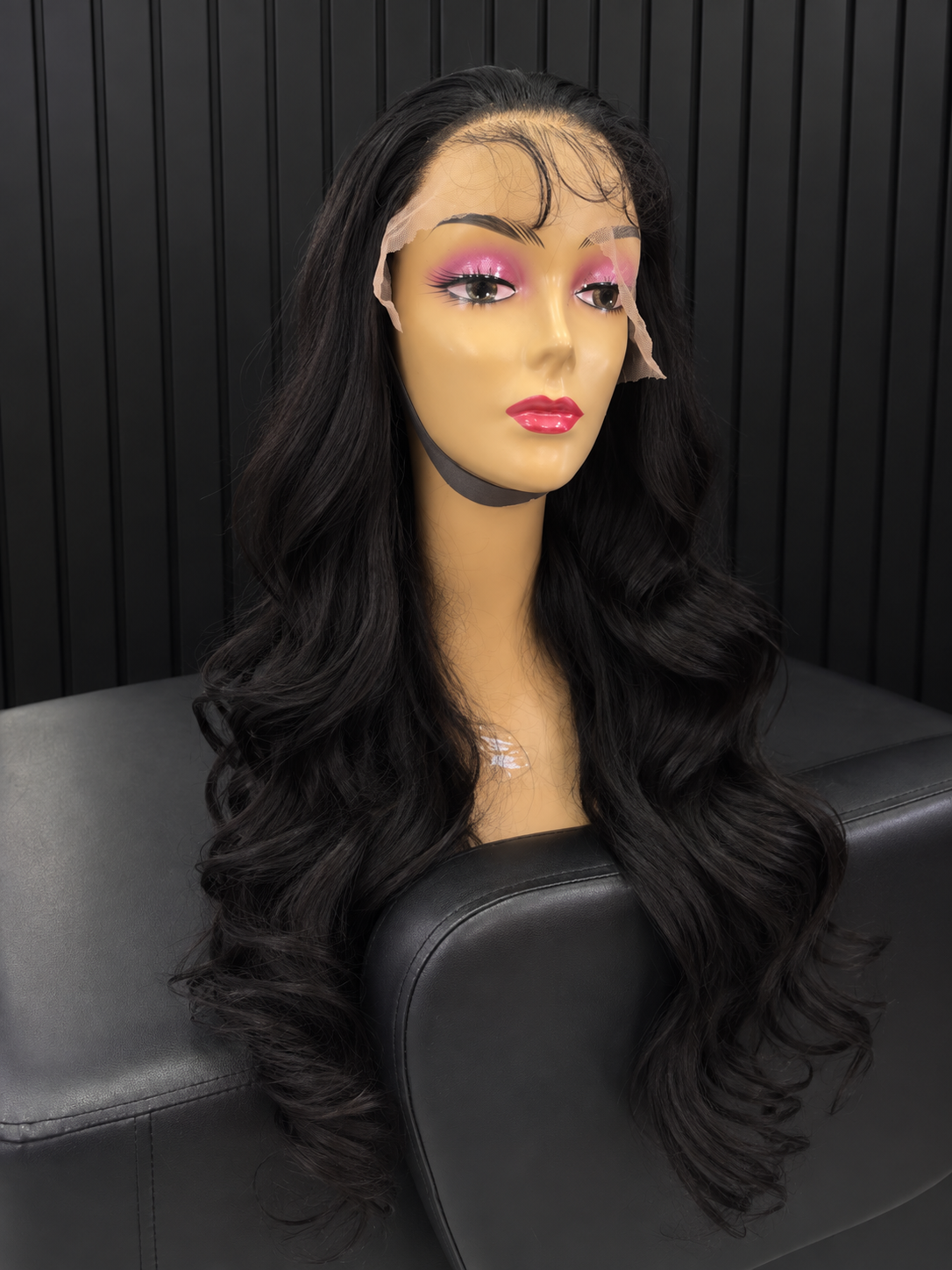 30" Human Hair Blend Long Black Body Wave Lace Frontal Wig