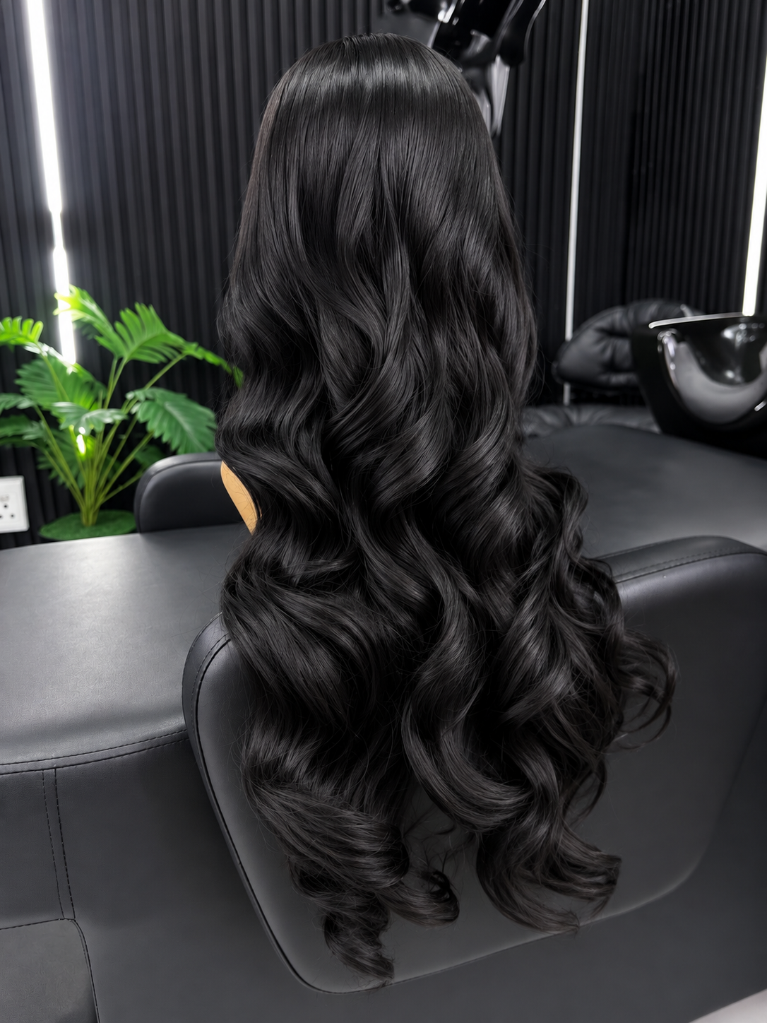 30" Human Hair Blend Long Black Body Wave Lace Frontal Wig