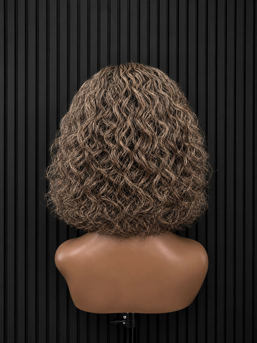 CUSTOM CURLY DOUBLE DRAWN BOB WIG - grey brown and black blend ￼