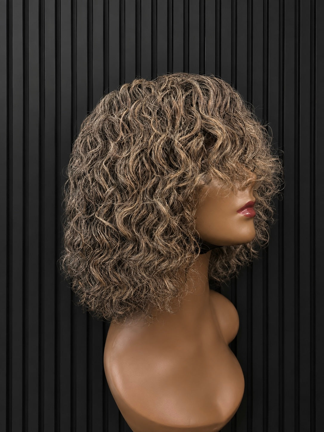 CUSTOM CURLY DOUBLE DRAWN BOB WIG - grey brown and black blend ￼