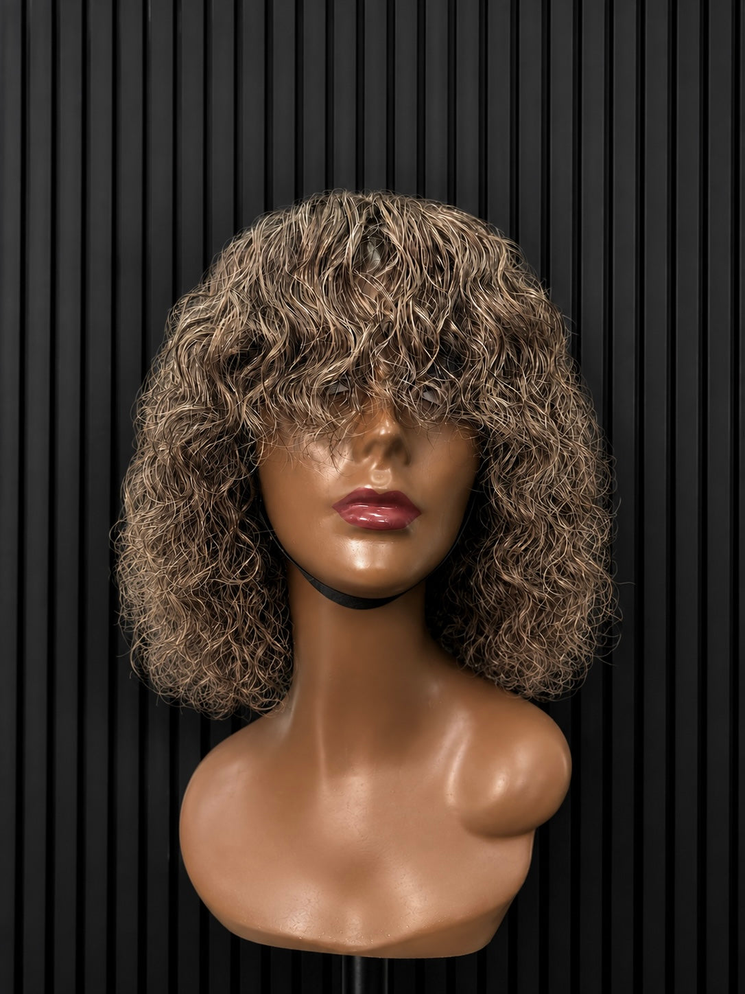 CUSTOM CURLY DOUBLE DRAWN BOB WIG - grey brown and black blend ￼